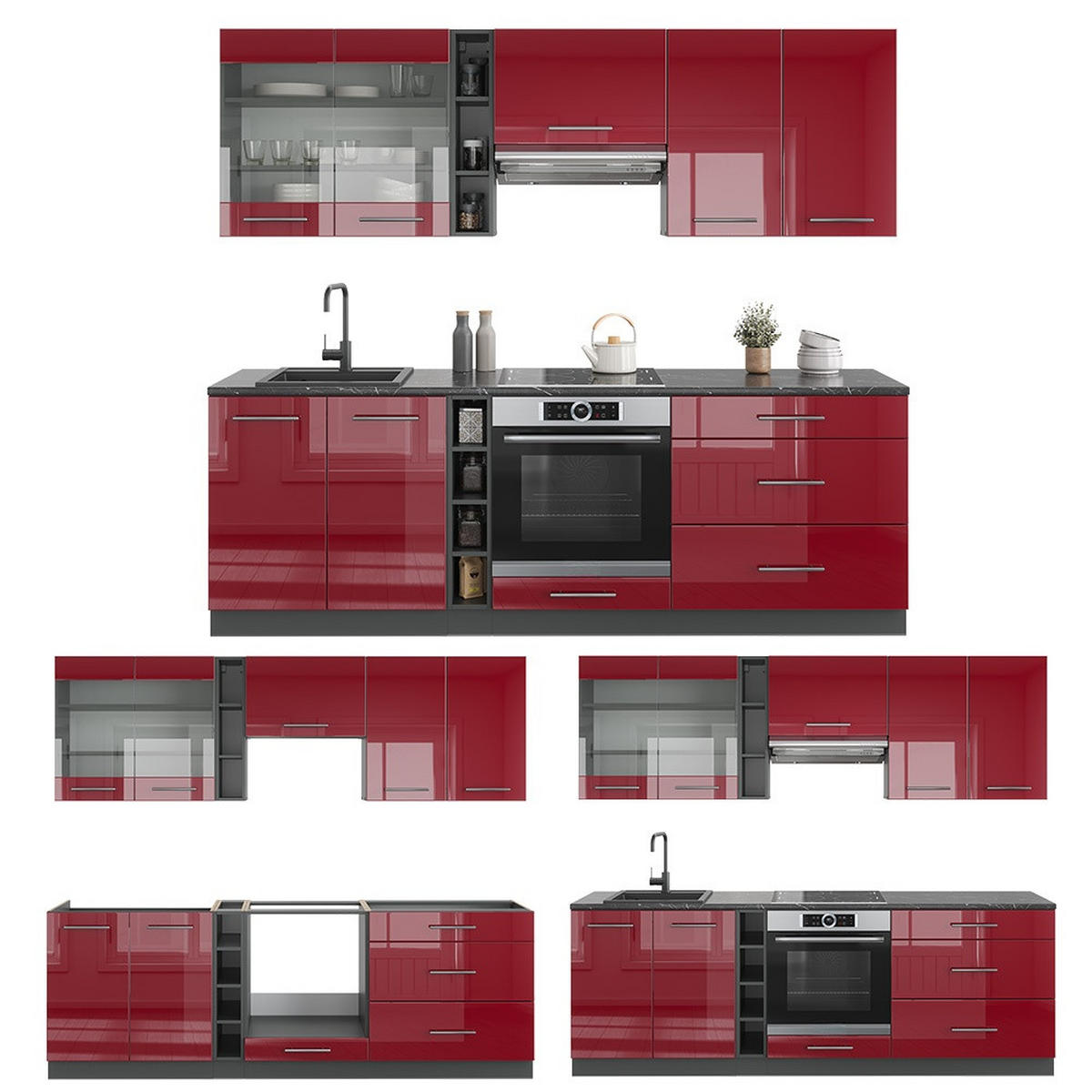 KUHINJSKI BLOK Fame-Line Bordo Sjajna / Antracit 235 cm bez radne ploče - bordo/antracit, drvni materijal (235/206.8/46cm) - Vicco