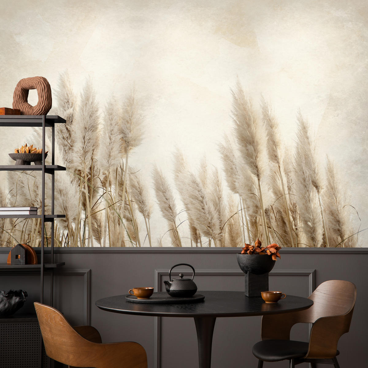 FOTOTAPETE für Schlafzimmer Boho Pampasgras Beton Pflanzen Vintage 250x175 - Beige/Braun, Papier (250/175cm) - Muralo