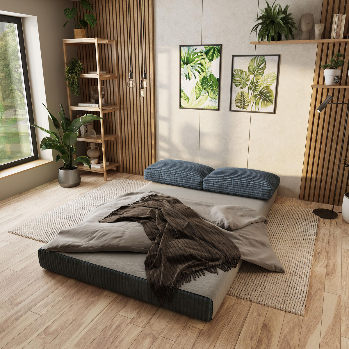 ECKSOFA ANKO modulares Boneless Sofa mit Schlaffunktion Grau Cordstoff - Blaugrau, Textil (270/160cm) - MASSENO
