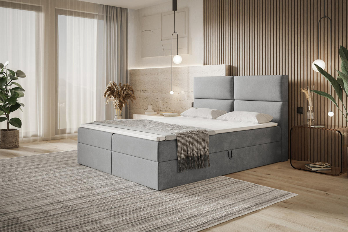 BOXBETT LIZBONA mit 2 Bettkästen, 140x200, Farbe: Grau, Velourstoff, Doppelbett mit Bonell-Matratze - Grau, Holz/Kunststoff (140/200cm) - Alpi-Möbel
