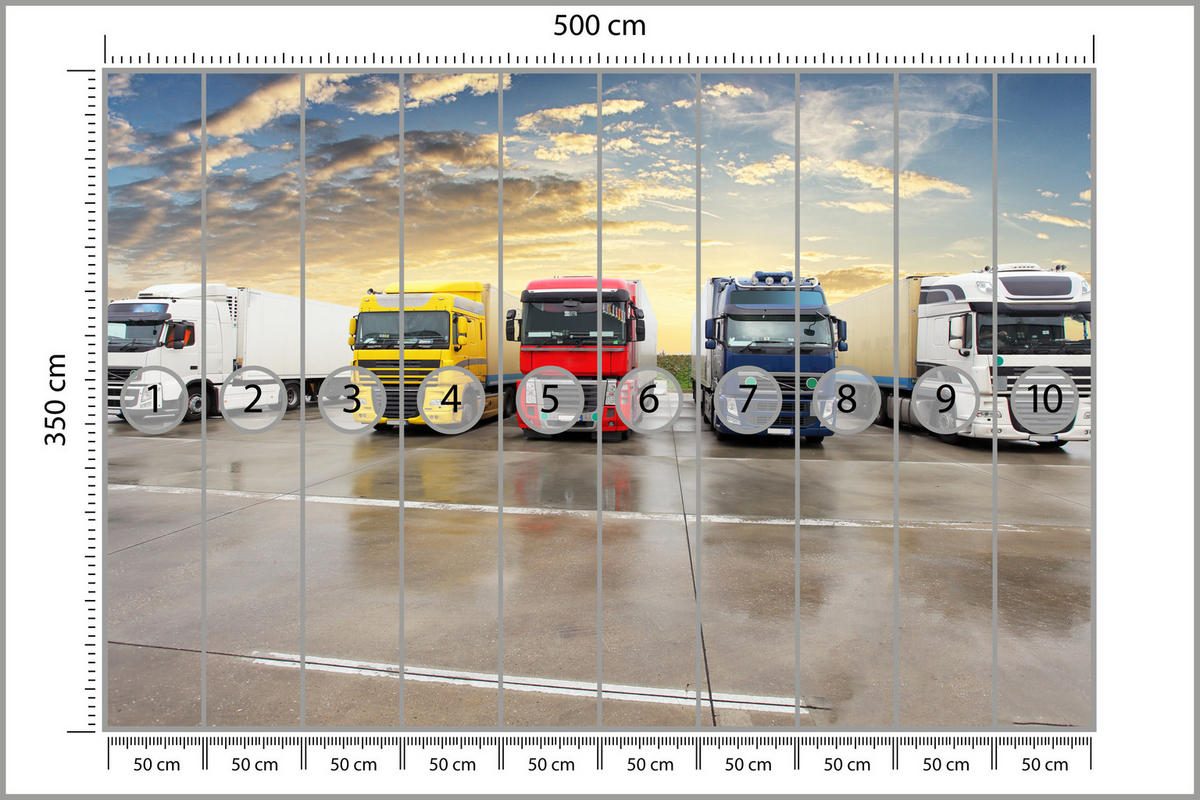 FOTOTAPETE für Wohnzimmer Lastwagen Parken Sonnenuntergang 500x350 - Gelb/Rot, Papier (500/350cm) - Muralo