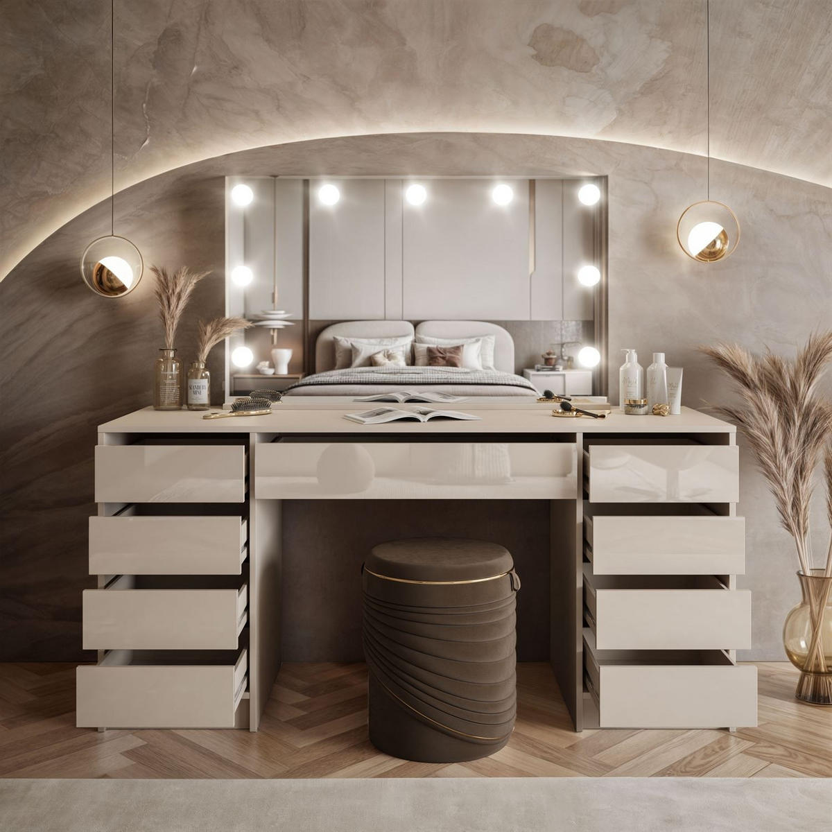 SCHMINKTISCH MADA DOUBLE ELITE mit Spiegel und Beleuchtung, Kaschmir Hochglanz - Kaschmir, Holzwerkstoff (157/75/55cm) - Lookway