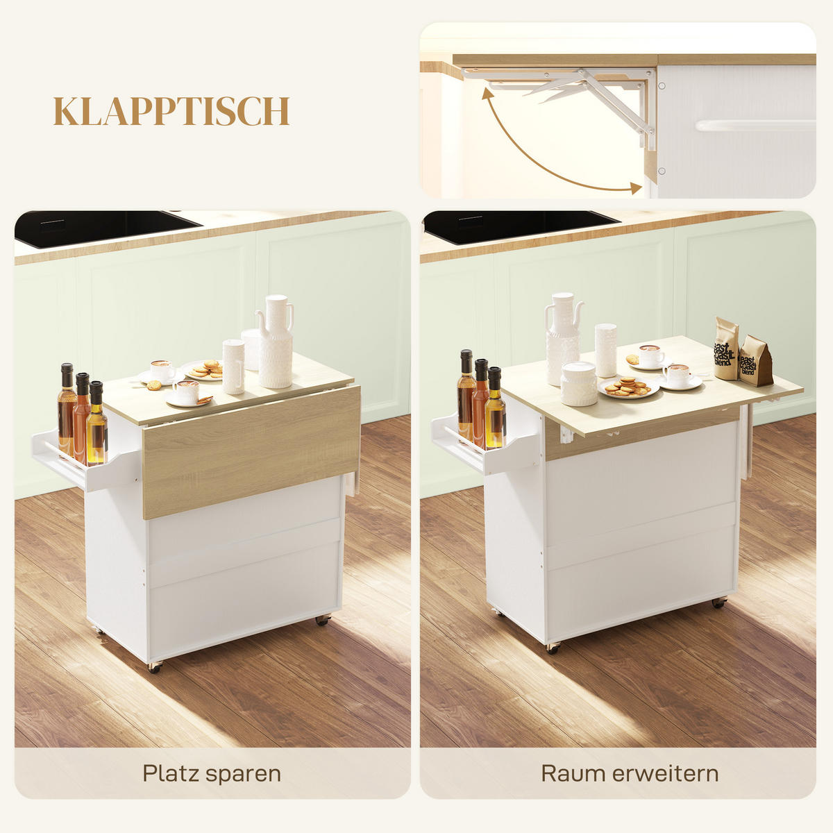 KÜCHENINSEL Küchenwagen auf Rollen mit Klappbar Arbeitsplatte, Schublade Weiß - Schwarz/Weiß, Holz/Holzwerkstoff (42/87/106cm) - HOMCOM