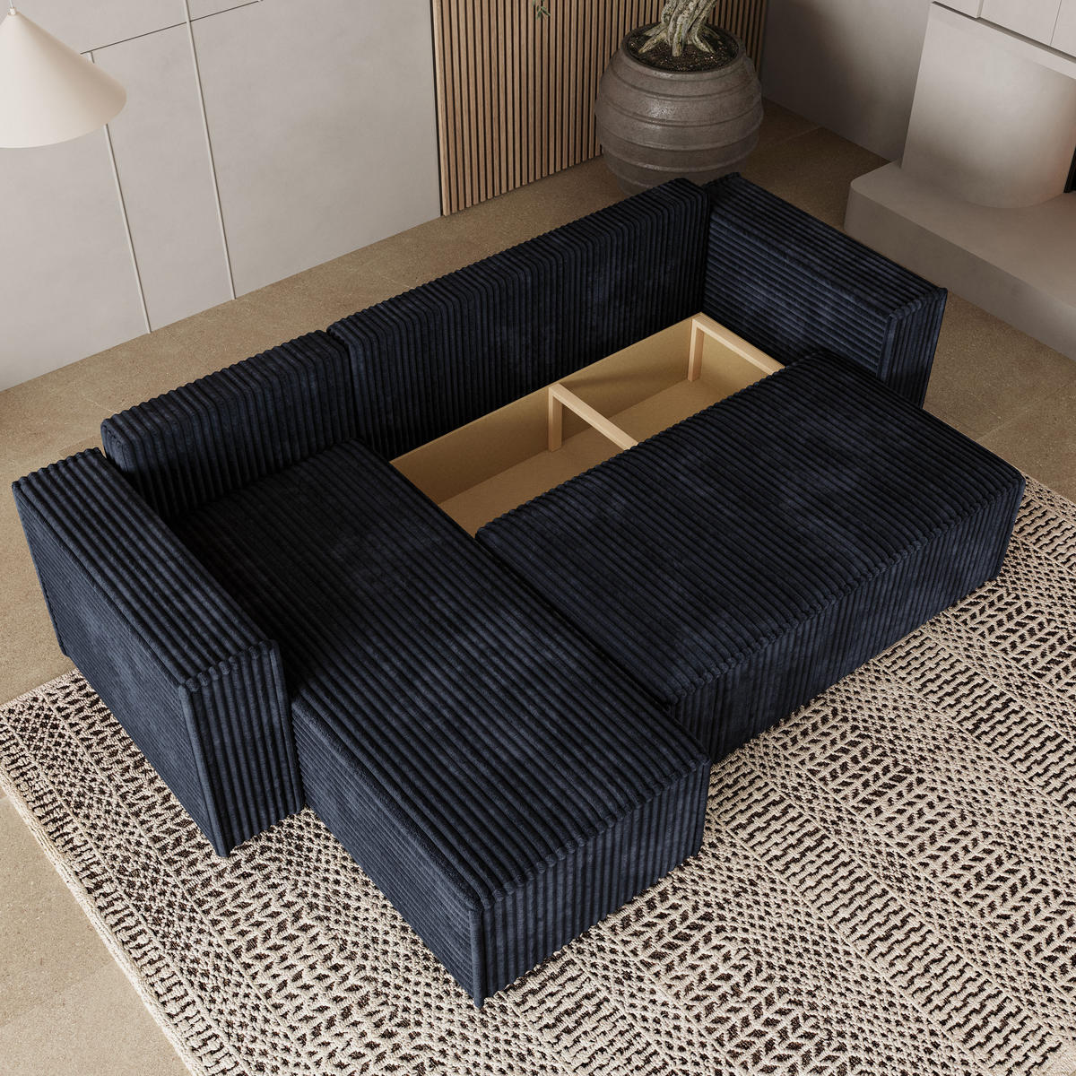 ROHOVÁ SEDAČKA RAVELO černá - šedá/černá, dřevo/textil (240/140cm) - MASSENO