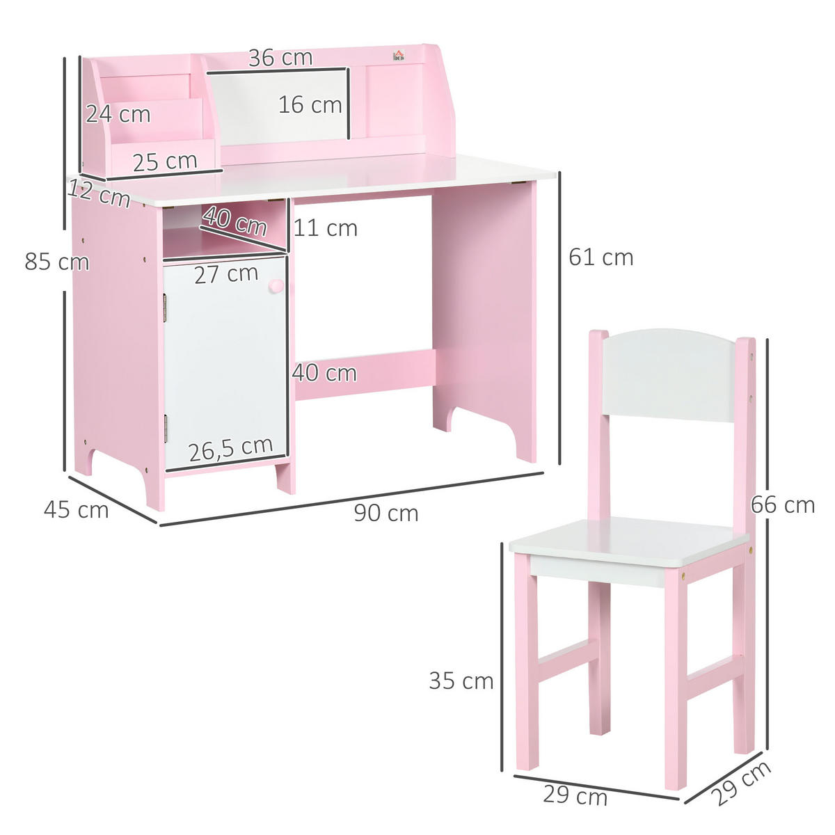 KINDER-SCHREIBTISCHSET DE-17513 mit Weißwandtafel und Stauraum Rosa - Pink, Holzwerkstoff (90/85/45cm) - ComfortXL