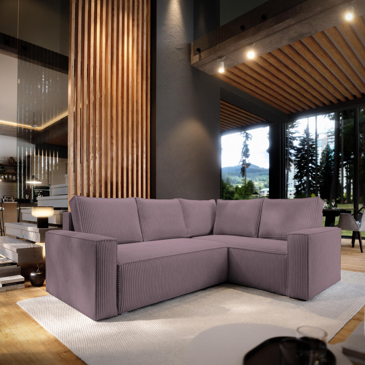 ECKSOFA ESTANO R-S Lila Kordstoff mit Schlaffunktion - Lila, Holz (230/158cm) - MASSENO