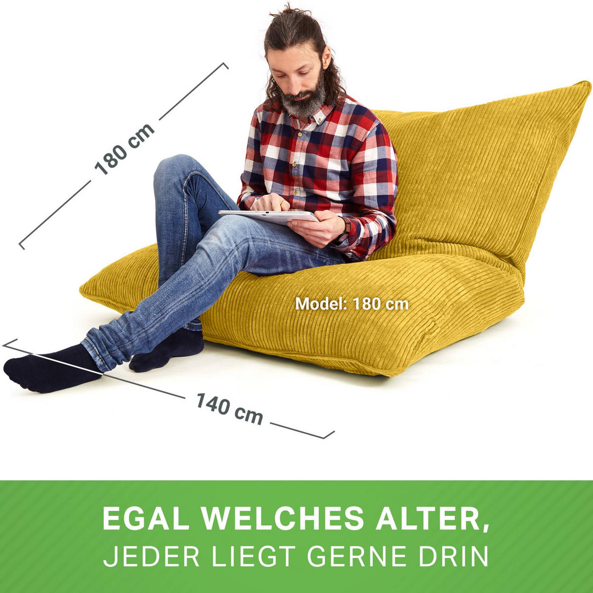 SITZSACK XXL "Square" aus Cord – 370 L - Gelb, Textil (140/25/180cm) - Green Bean