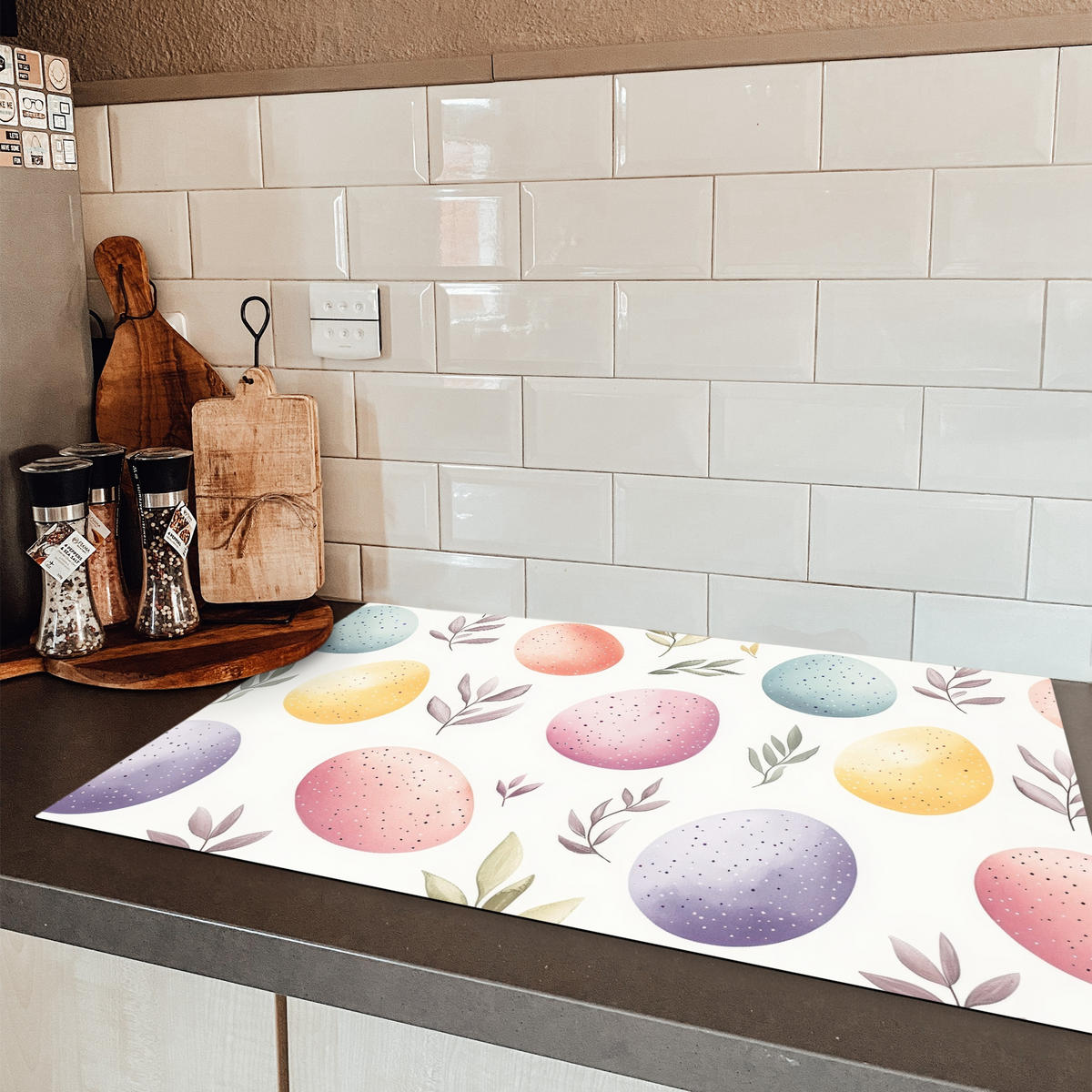HERDABDECKPLATTE Eier - Bunt - Muster Induktionsschutz 81.6x52.7 cm - Weiß, Kunststoff (81.6/52.7/0.2cm) - MuchoWow