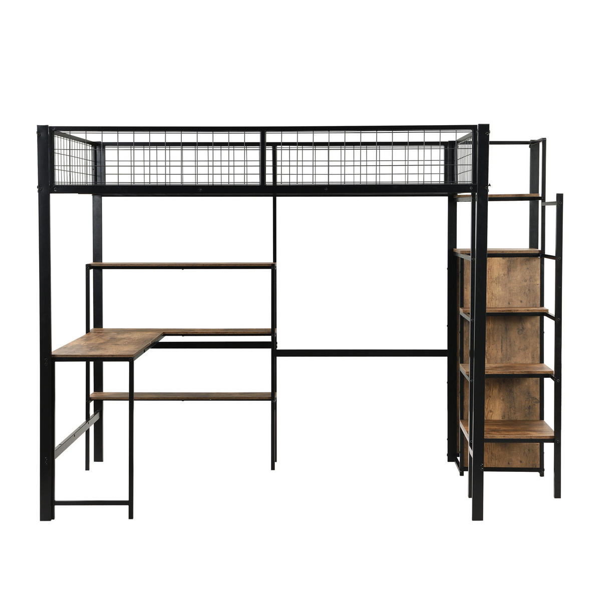 HOCHBETT 140/200 cm aus Metall und MDF mit Schreibtisch, Regalen und Kleiderschrank Schwarz/Braun - Schwarz, Metall (140/200cm) - Modenvie