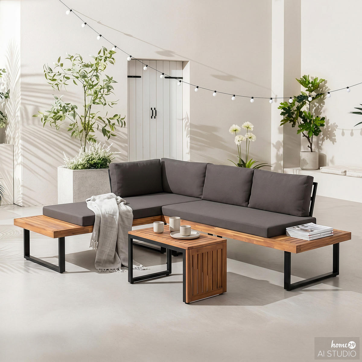 LOUNGESET - 3-teilig - Akazie massiv / Polyester - Grau, Holz/Textil - home24