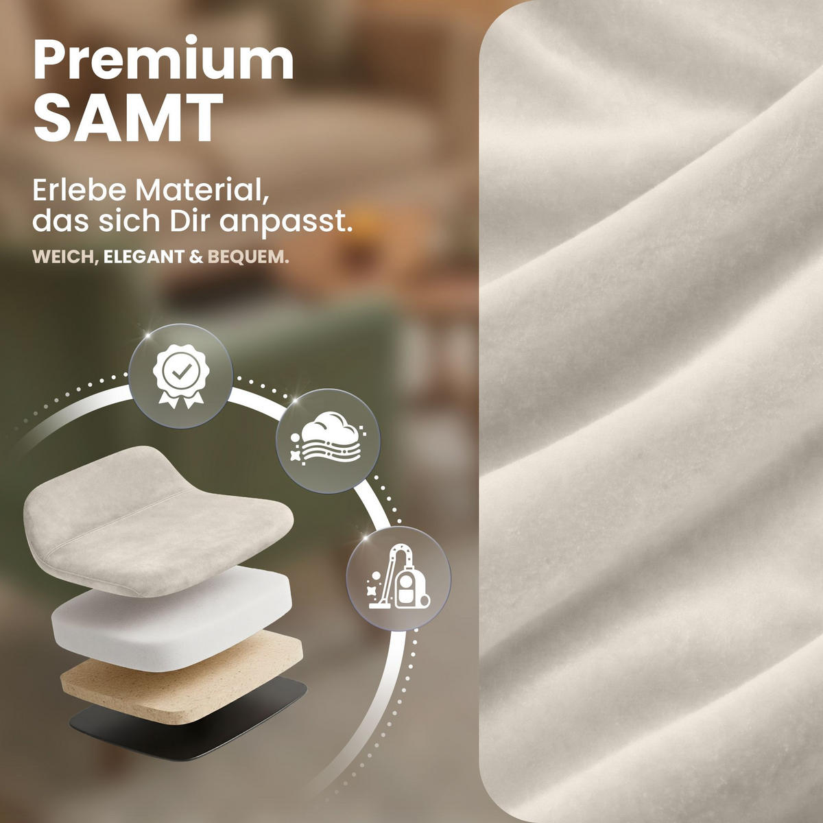 STUHL Samt beige - Eukalyptusholzfarben/Beige, Holz/Textil (49/83/50cm) - CLP