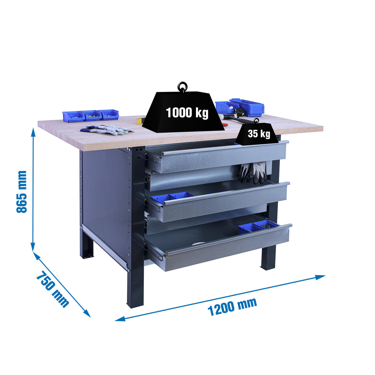 WERKBANK Buffalo Wood mit 5x Schublade HxBxT 86,5 x 120 x 75 cm Traglast 1000 kg Anthrazit - Anthrazit, Metall (120/86.5/75cm) - PROREGAL