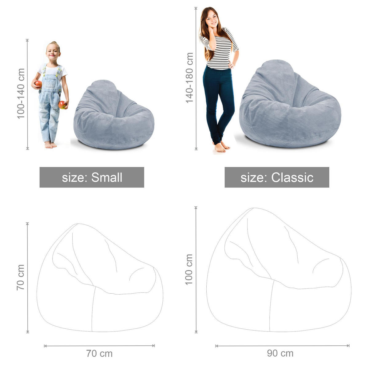 SITZSACK PARADISE MIT FUßSTÜTZE Kordsamt 2-tlg Baltic Sea M - Blau/Hellblau, Textil (90/100/90cm) - Dreamroots
