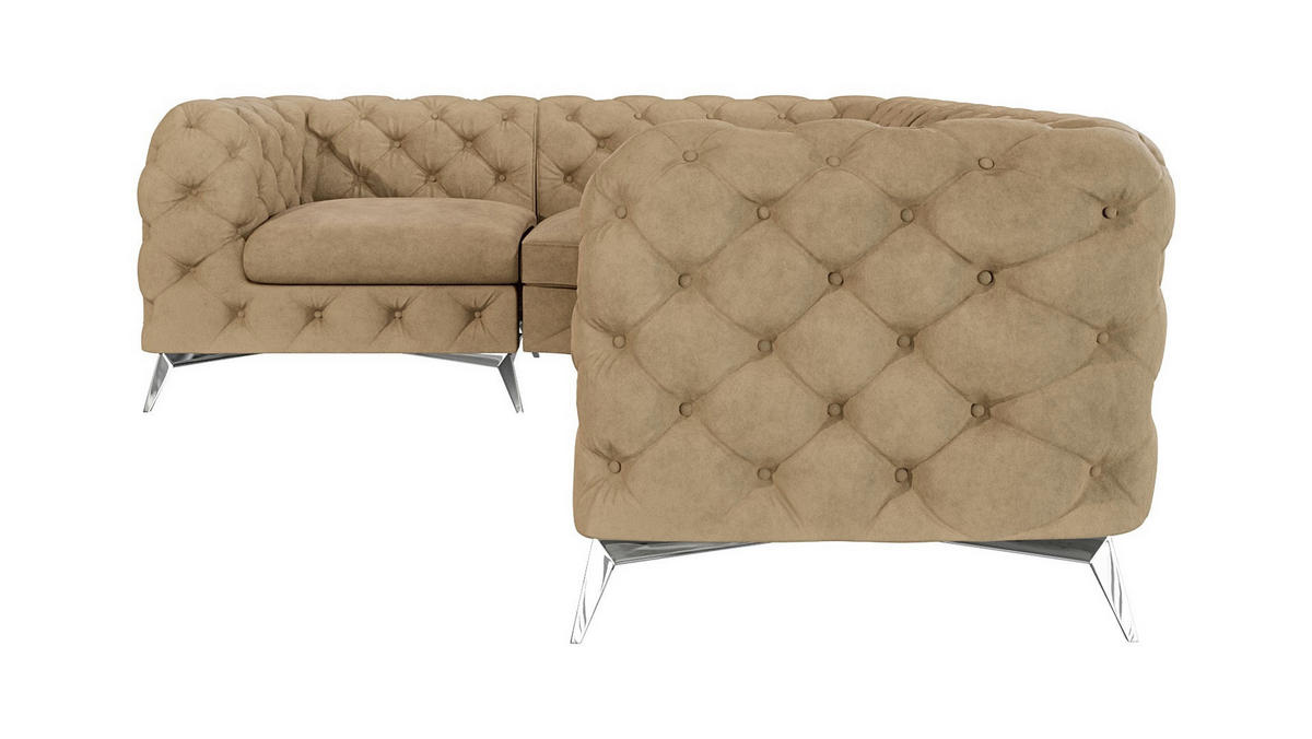ECKSOFA Chesterfield Laura Beige Samt, Ottomane Links - Beige/Silberfarben, Holz/Textil (264/204cm) - S-Style Möbel