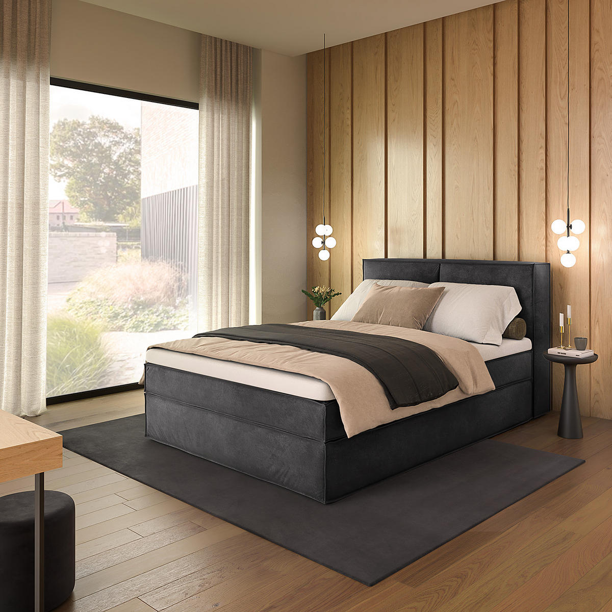 BOXSPRINGBETT mit Kopfteil - Premium - Anthrazit, Textil (140/200cm) - home24