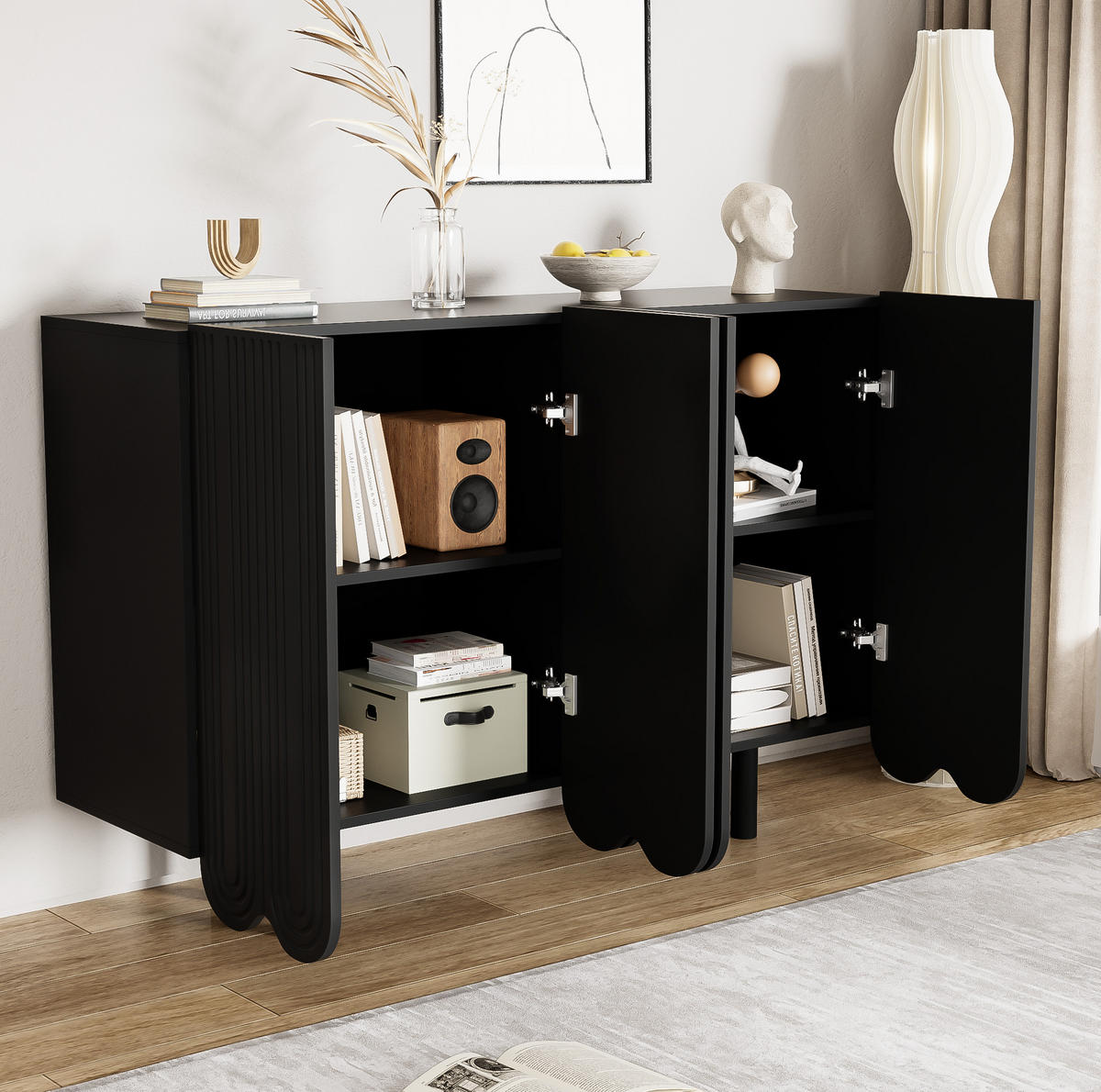 SIDEBOARD 4-türig aus MDF in Schwarz mit tropfenförmigen Schnitzereien und Soft-Close-Scharnieren, 120/37,5/80,8 cm, Schwarz - Schwarz, Holzwerkstoff (120/37.5/80.8cm) - Redom