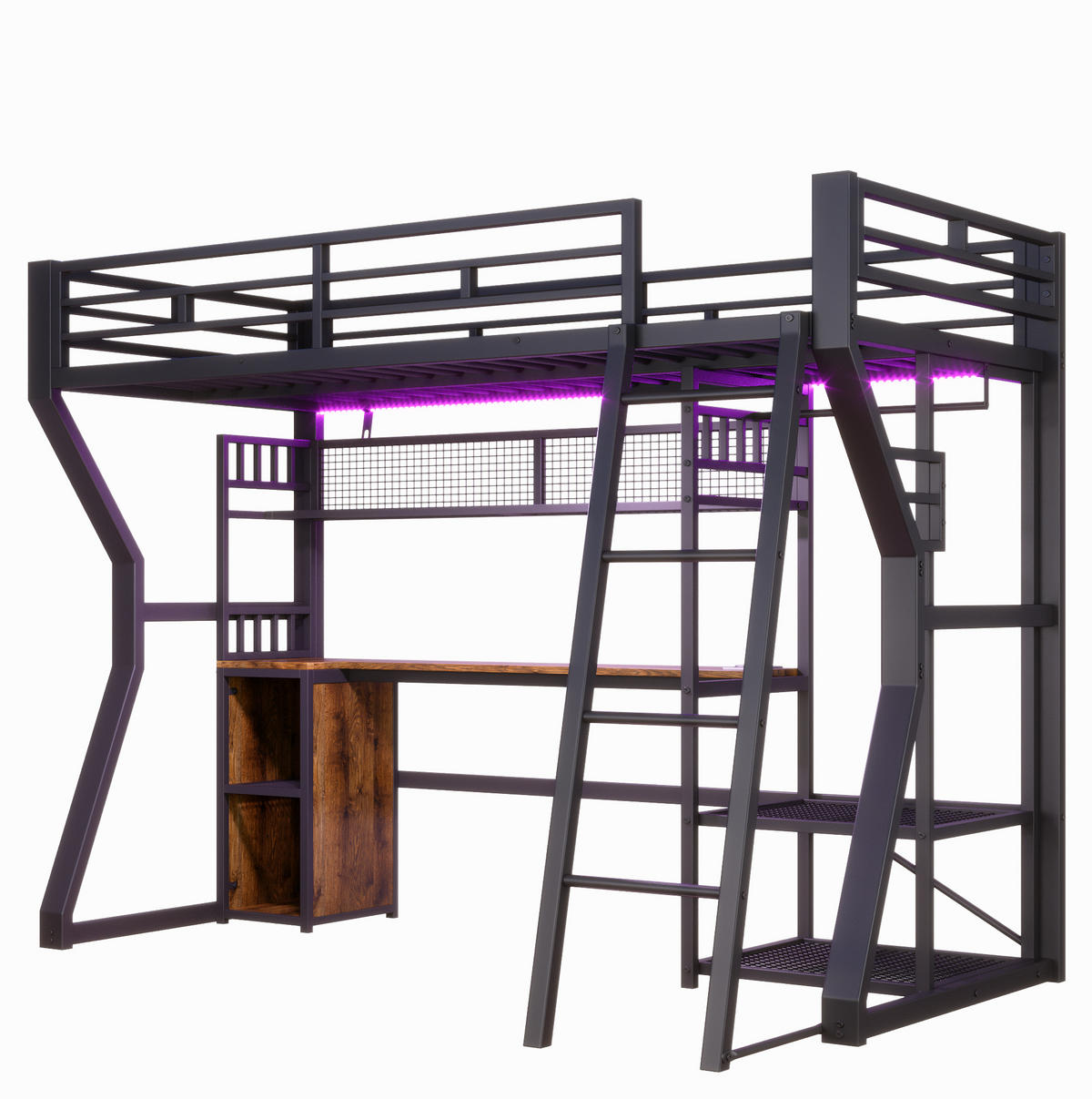 HOCHBETT 90/200 cm aus Metall und MDF mit Schreibtisch, Lichtleiste und Kleiderstange Schwarz - Schwarz, Holzwerkstoff (90/200cm) - Modenvie