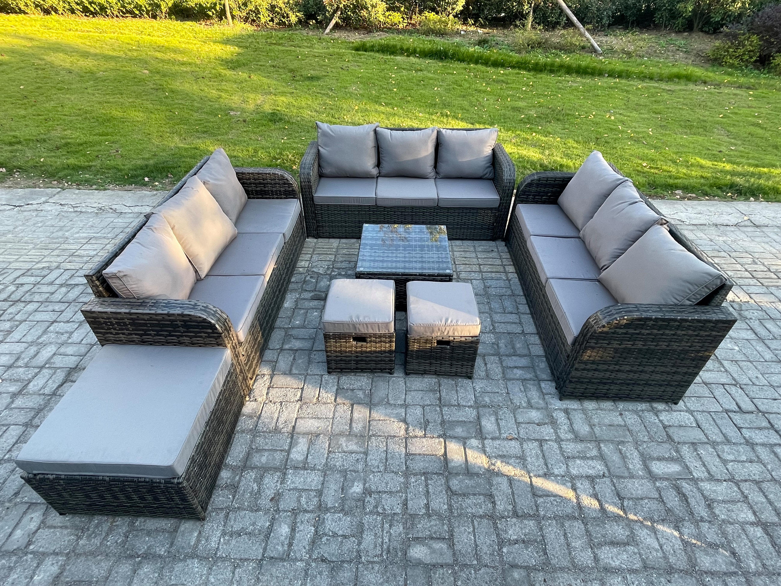 GARTENMÖBELGARNITUR mit KISSEN Polyrattan Dunkelgrau 12-Sitzer - Dunkelgrau/Grau, Glas/Kunststoff - Fimous