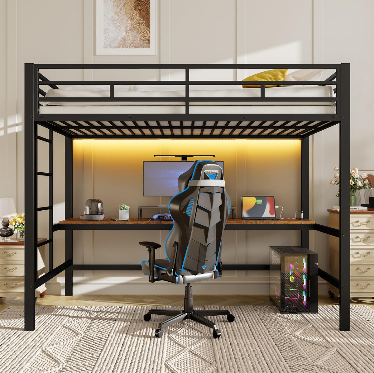 HOCHBETT 90/200 cm Schwarz aus Metall mit Tisch und Lichtleiste - Schwarz, Metall (90/200cm) - OKMYHOME