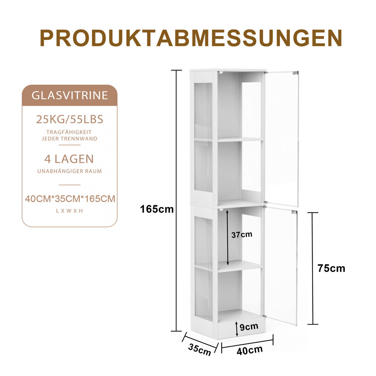 VITRINA 35/40/165 cm bijela od MDF ploče i stakla s LED rasvjetom i senzorom pokreta - bijela, drvni materijal (40/165/35cm) - OKWISH