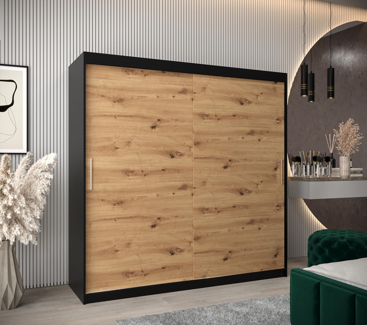 SCHWEBETÜRENSCHRANK 200/200/62 2-türig - Silberfarben/Schwarz, Holz/Kunststoff (200/200/62cm) - Abiks Möbel
