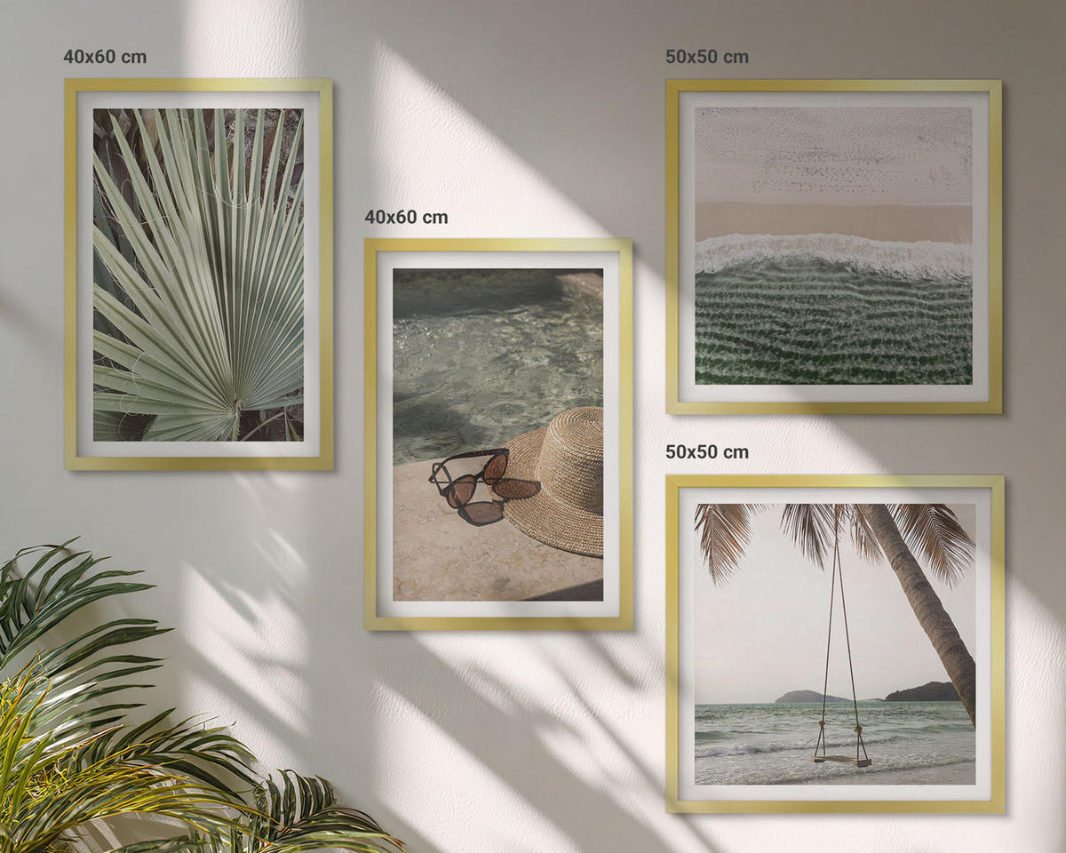 BILDER SET 4er Set - 50x50 cm & 40x60 cm Goldrahmen - Strandschaukel-Blätterurlaub - Goldfarben, Kunststoff (50/50cm) - TULUP