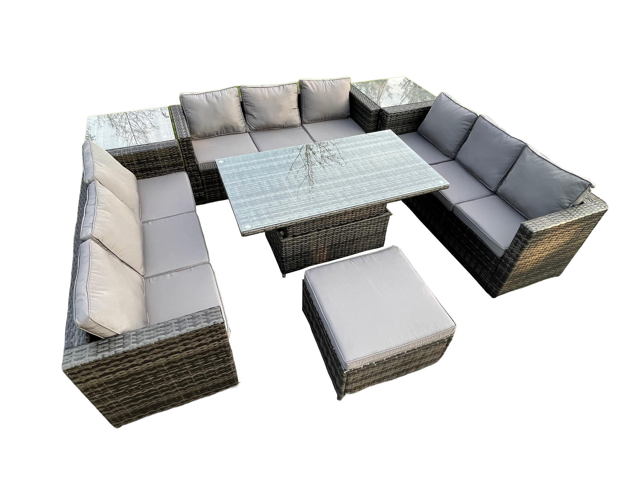 GARTENTISCHGRUPPE Polyrattan 10-Sitzer - Dunkelgrau/Grau, Glas/Kunststoff - Fimous