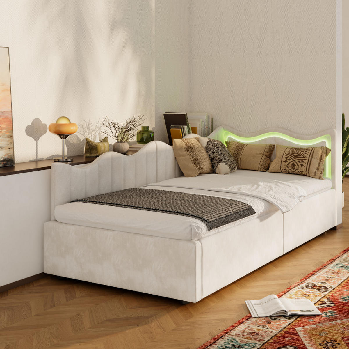 KINDERBETT/SCHLAFSOFA 90×200 cm Samt Weiß – Bett mit LED-Beleuchtung - Beige, Holz