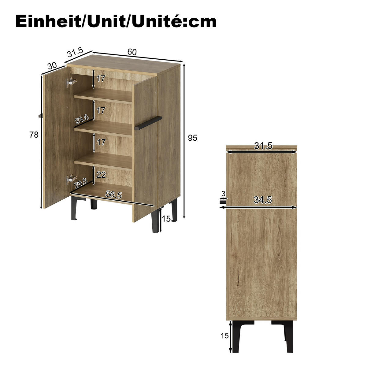 SCHUHSCHRANK 60/34.5/90cm,Aufbewahrungsschrank mit verstellbaren Einlegeböden,Naturfarben - Naturfarben, Holz (60/95/34.5cm) - LVHOM