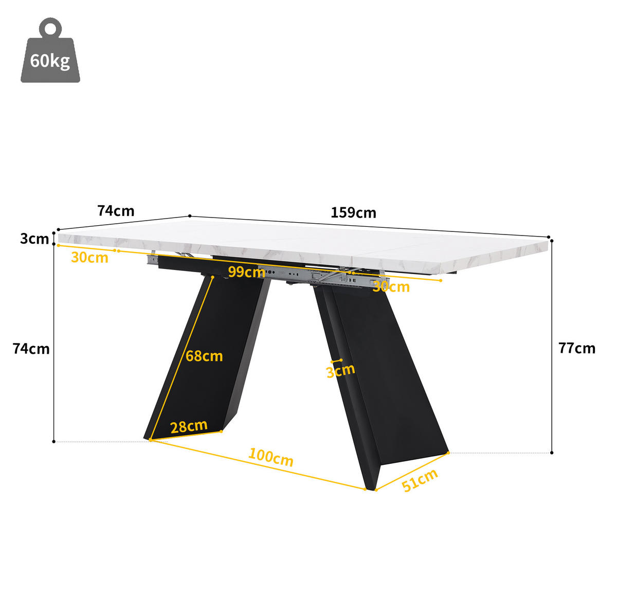 ESSTISCH 99-159x74x77 cm in Weiß und Schwarz aus MDF mit Marmoroptik auf Carbonstahl-Beinen ausziehbar - Weiß, Holzwerkstoff (74/159/77cm) - Modfu