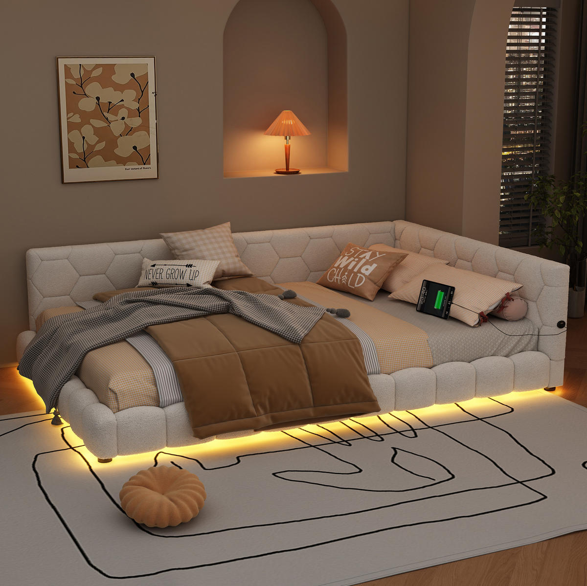 KREVET 140/200 cm s LED ambijentalnim osvjetljenjem, USB priključkom i USB-C priključkom, Bijela - bijela, tekstil (140/200cm) - Redom