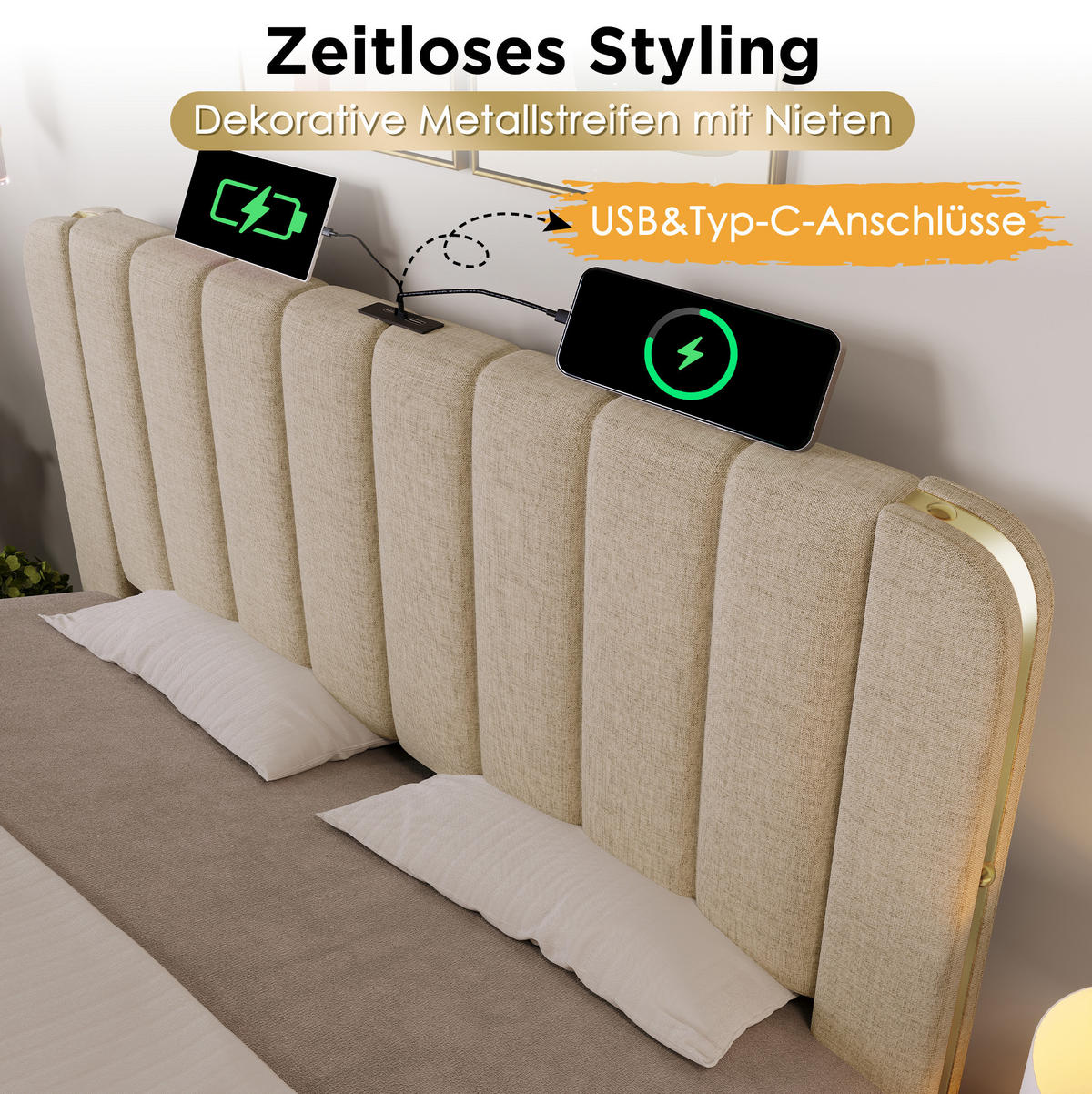 POLSTERBETT 90/200 cm Beige aus Leinen mit 4 Schubladen - Beige, Textil (90/200cm) - OKMYHOME