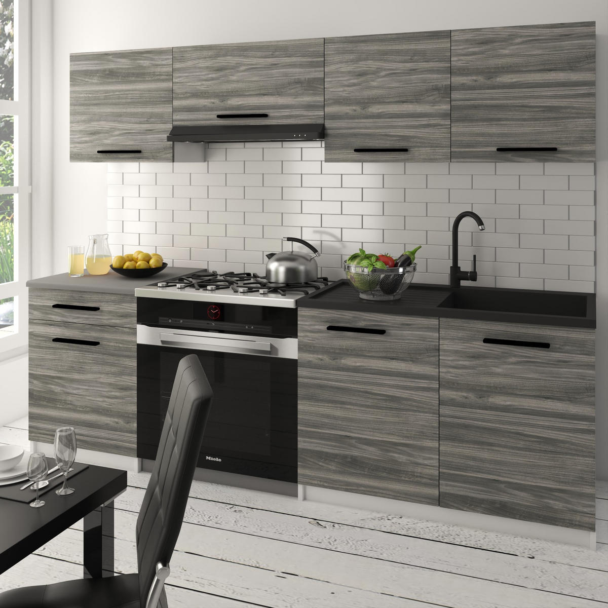 KÜCHENZEILE Italia 1 180 cm, mit Arbeitsplatten, Grau Glamour - Hellgrau, Holz (180/143/60cm) - B BELINI GROUP