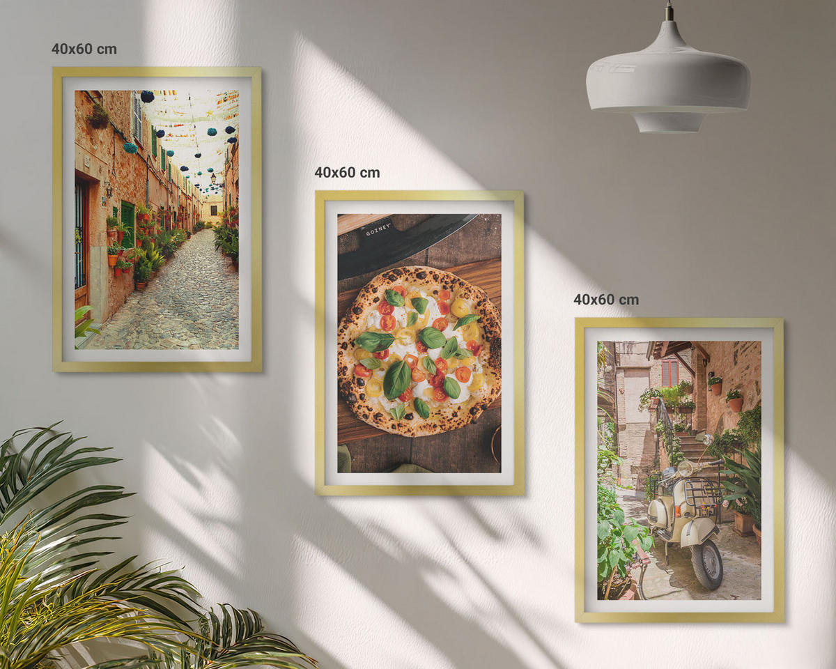 BILDER SET 3er Set - 40x60 cm Goldrahmen - Charmante Straßen mit Pizza - Goldfarben, Kunststoff (40/60cm) - TULUP