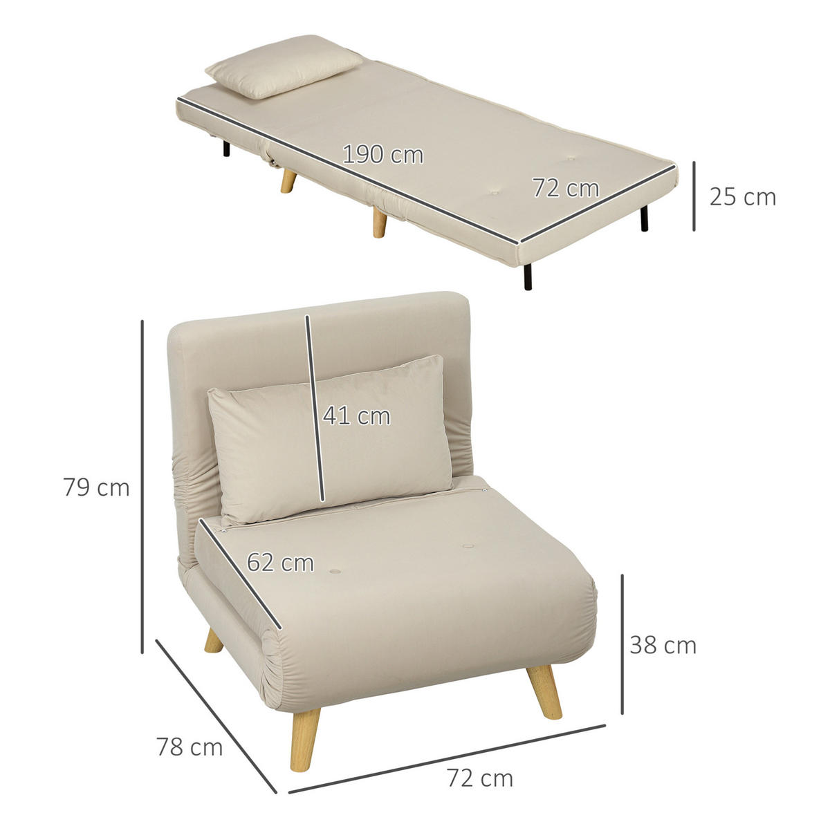 ROZKLÁDACÍ křeslo 72/78/79 cm béžové ze sametové látky s lůžkovou funkcí a polohováním - béžová, textil (78/79/72cm) - OKWISH