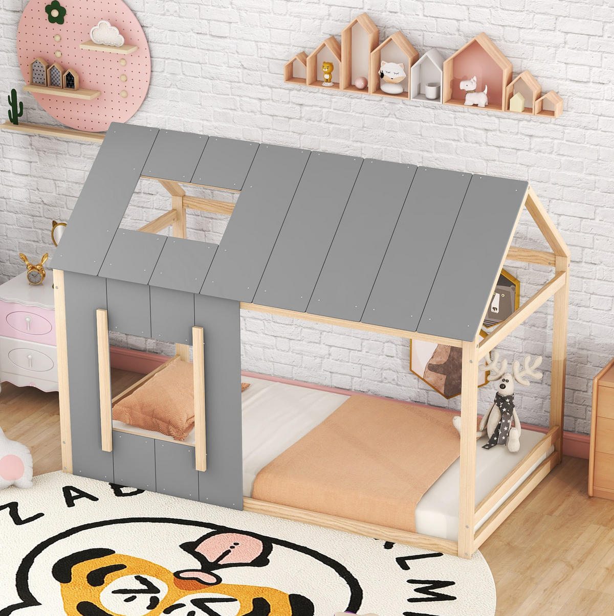 KINDERBETT aus Kiefernholz und MDF 90x200 cm Natur/Grau in Hausform mit Dach und Fenster - Grau, Holzwerkstoff (90/200cm) - IVMEU