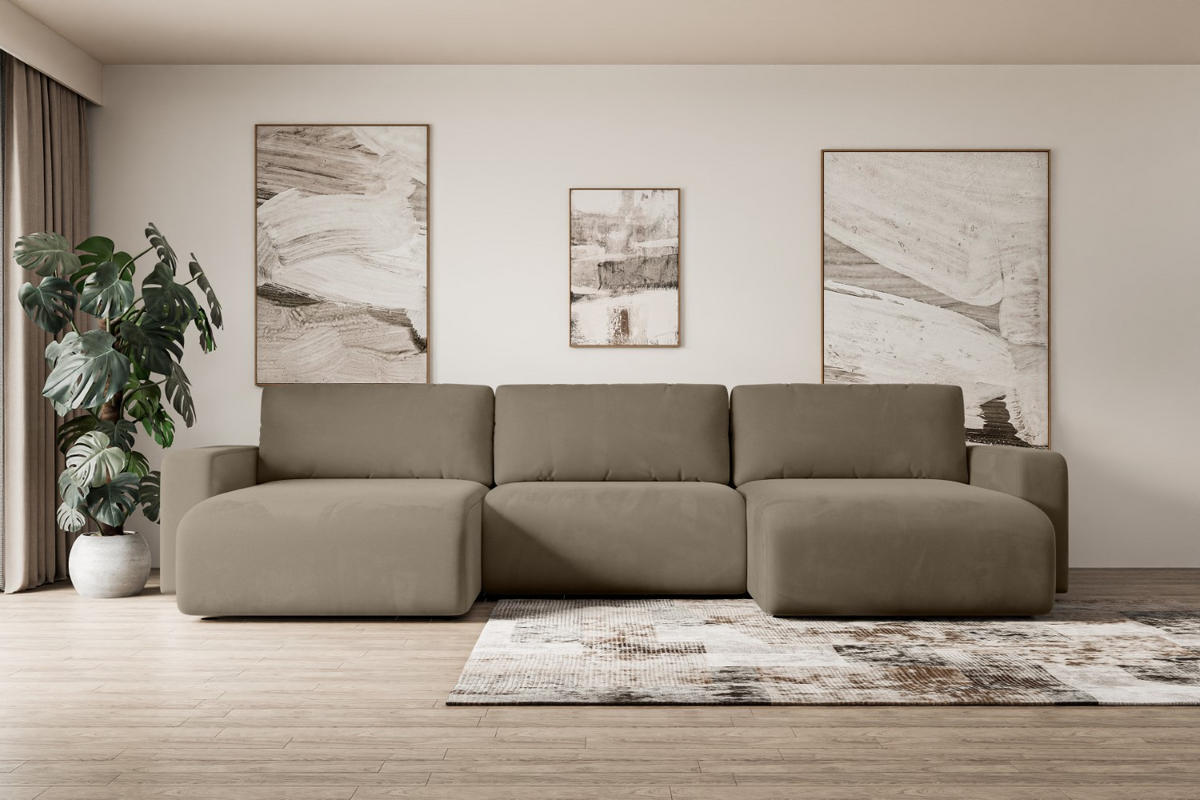 WOHNLANDSCHAFT mit Schlaffunktion und Bettkasten KLEEA-U - 347x143x83 cm Braun Velours - Schwarz/Braun, Holzwerkstoff/Kunststoff (347/83/143cm) - ALTDECOR