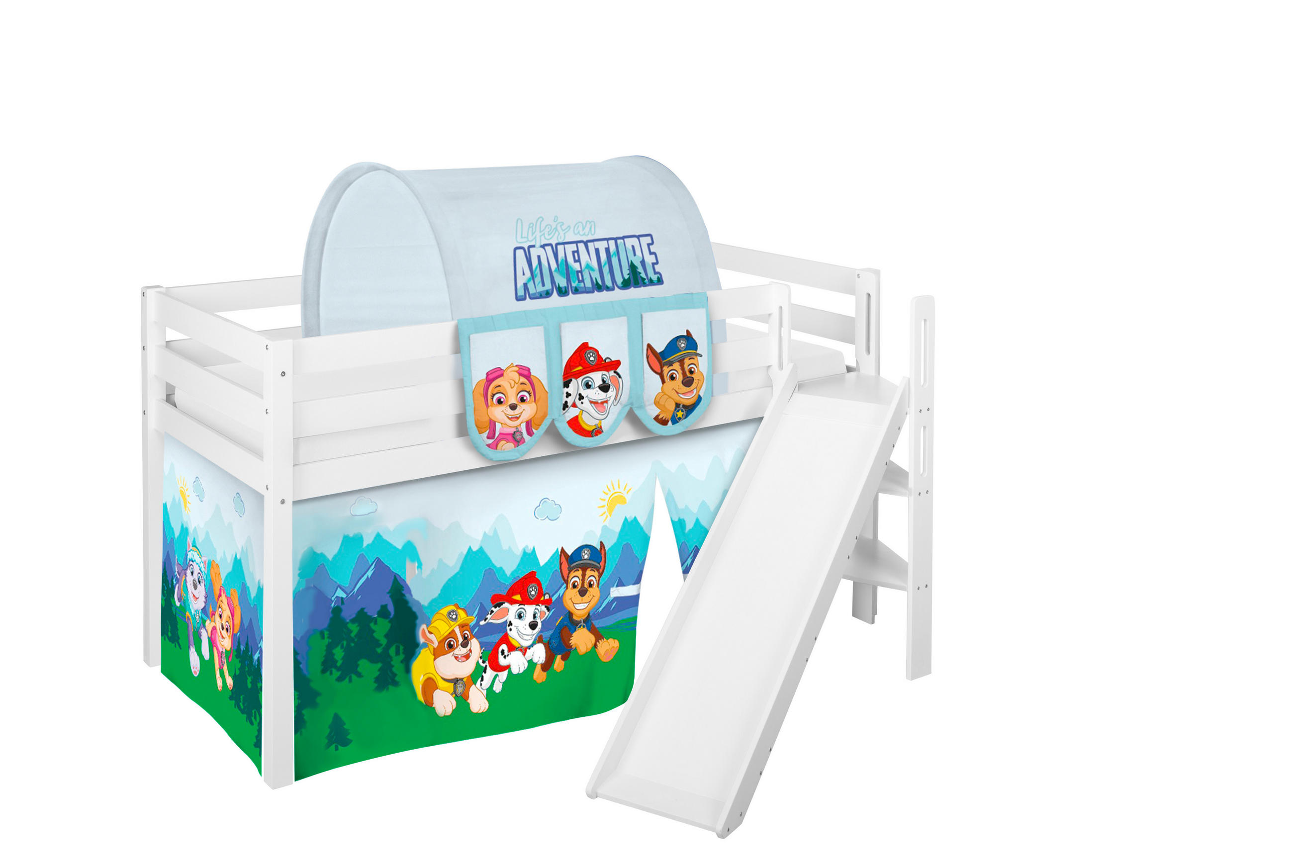HOCHBETT JELLE Paw Patrol blau mit schräger Rutsche und Vorhang - Weiß, Holz - Lilokids