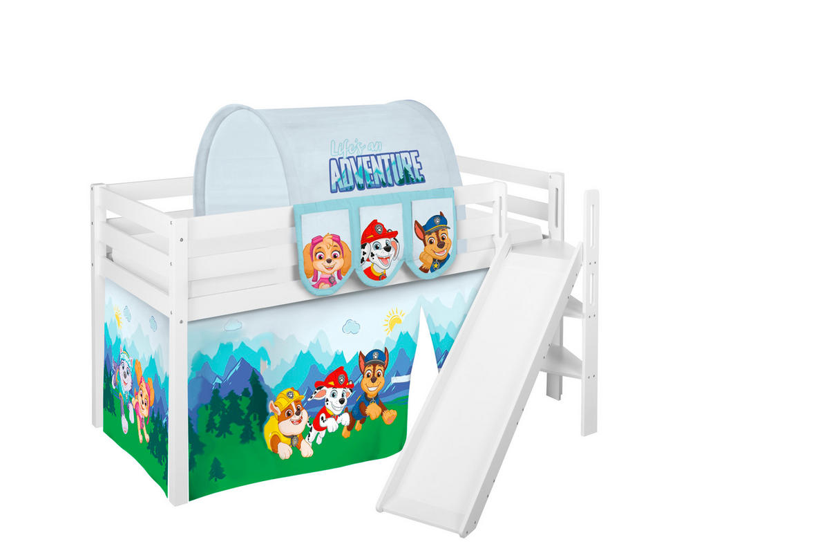 HOCHBETT JELLE Paw Patrol blau mit schräger Rutsche und Vorhang - Weiß, Holz - Lilokids