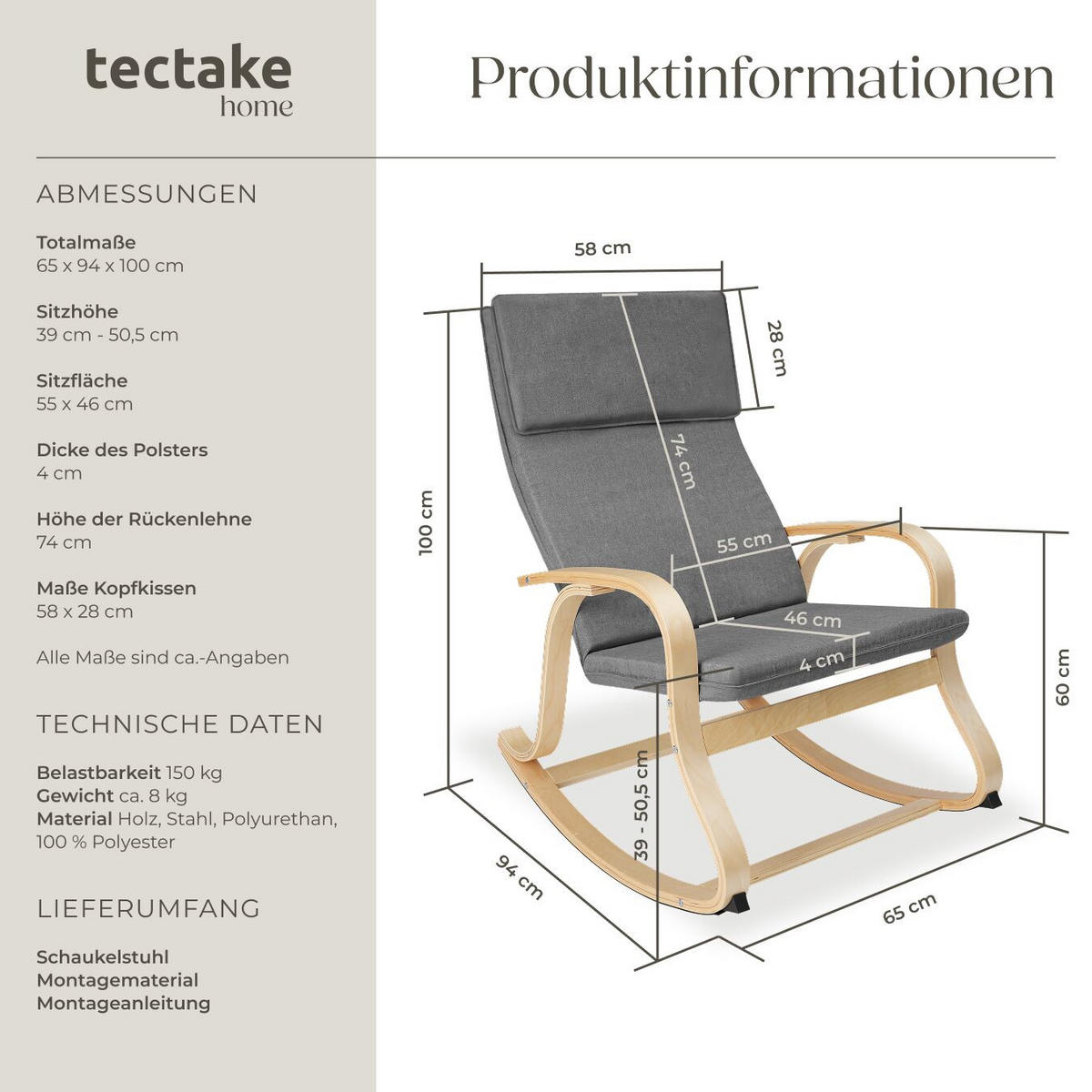 SCHAUKELSTUHL Roca,65 x 94 x 100 cm,hellgrau - Hellgrau, Holz (65/100/94cm) - tectake