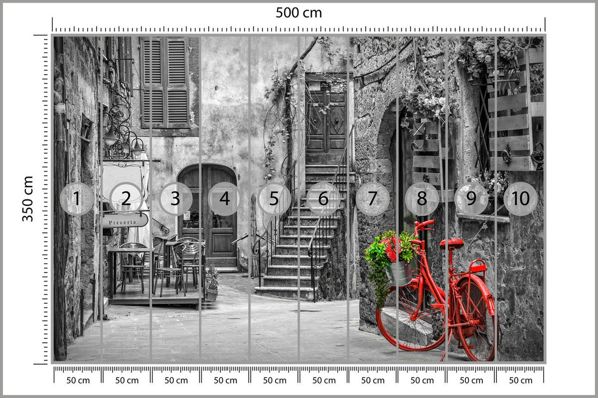 FOTOTAPETE für Wohnzimmer Italienische Gasse Rotes Fahrrad Toskana 500x350 - Rot/Schwarz, Papier (500/350cm) - Muralo