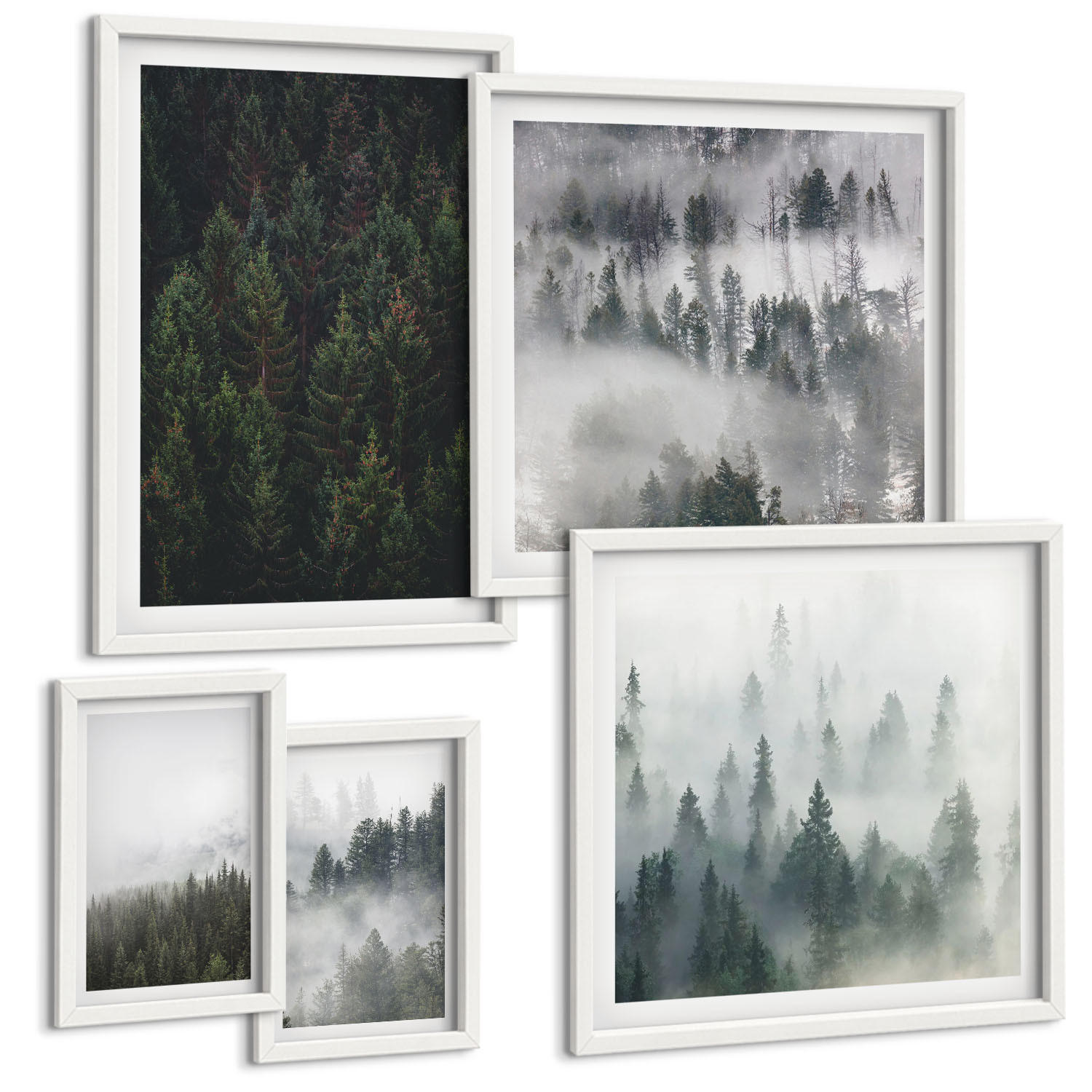 BILDER SET 5er Set - 50x50 cm & 20x30 cm & 40x60 cm Weißer Rahmen - Grüne Wälder, neblige Landschaft - Weiß, Kunststoff (40/60cm) - TULUP