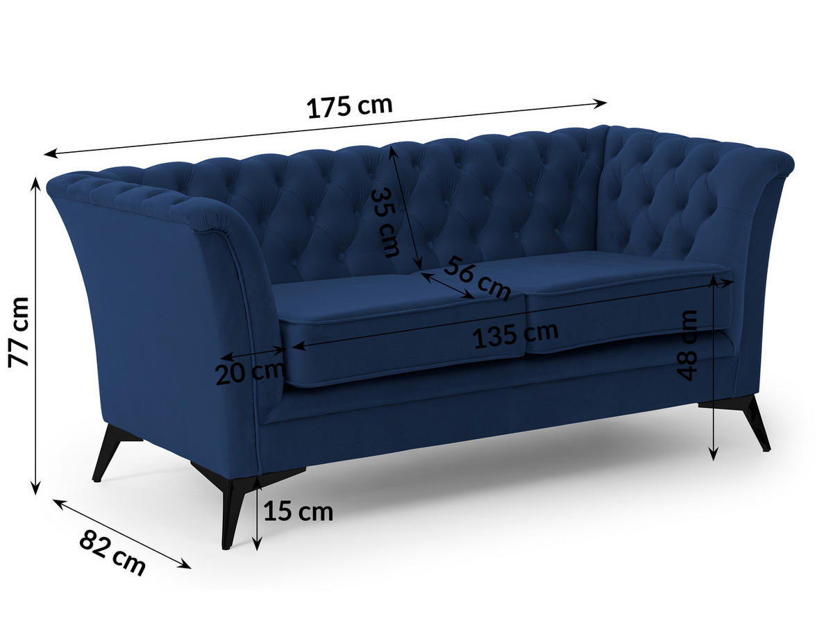 SITZGARNITUR 3+2 Chesterfield Whitby Marineblau Samt mit schwarzen Füßen - Blau/Schwarz, Holz/Textil (237/78/82cm) - S-Style Möbel