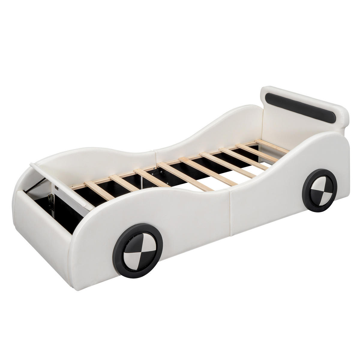 KINDERBETT 90/200 cm in Autoform aus PU und MDF mit LED-Rädern - Weiß, Kunststoff (90/200cm) - BEAOK
