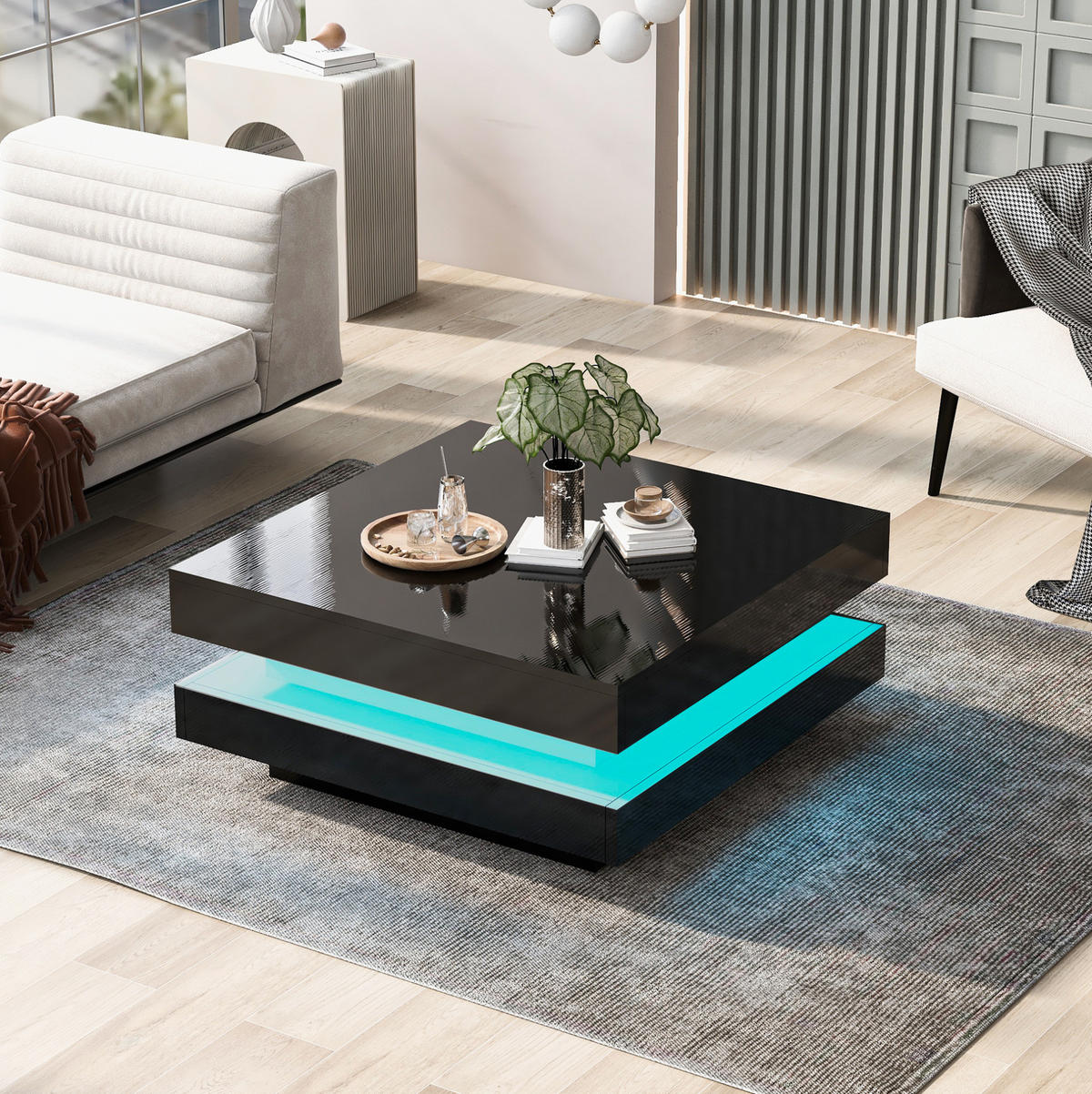 KLUBSKA miza, 70/70/36 cm črna, z LED osvetlitvijo in Bluetooth upravljanjem - črna, leseni material (70/70/36cm) - BEAOK