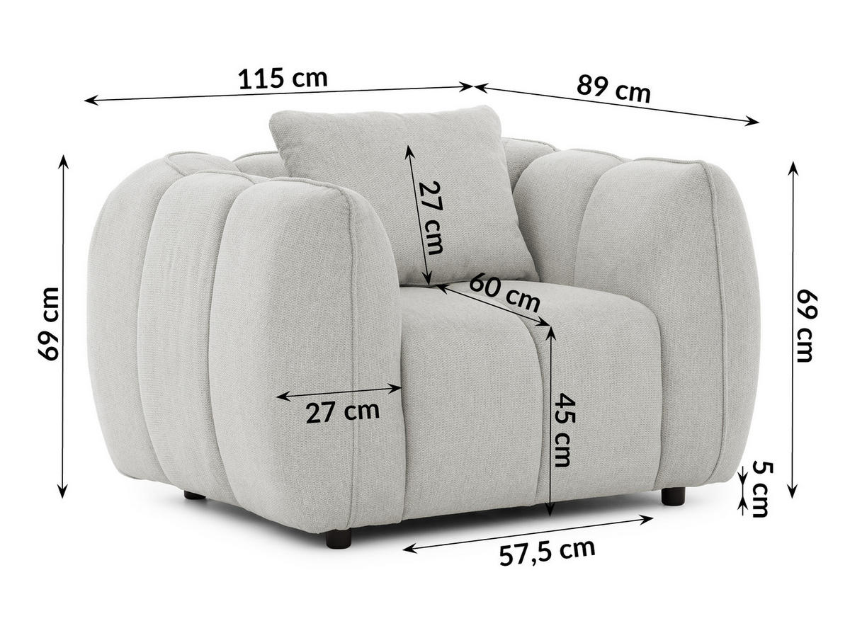 SESSEL Nubira in tief gesteppter Bubble-Optik aus weichem Hellgrau Strukturstoff im modernen Design - Hellgrau/Schwarz, Holz/Kunststoff (115/69/89cm) - S-Style Möbel