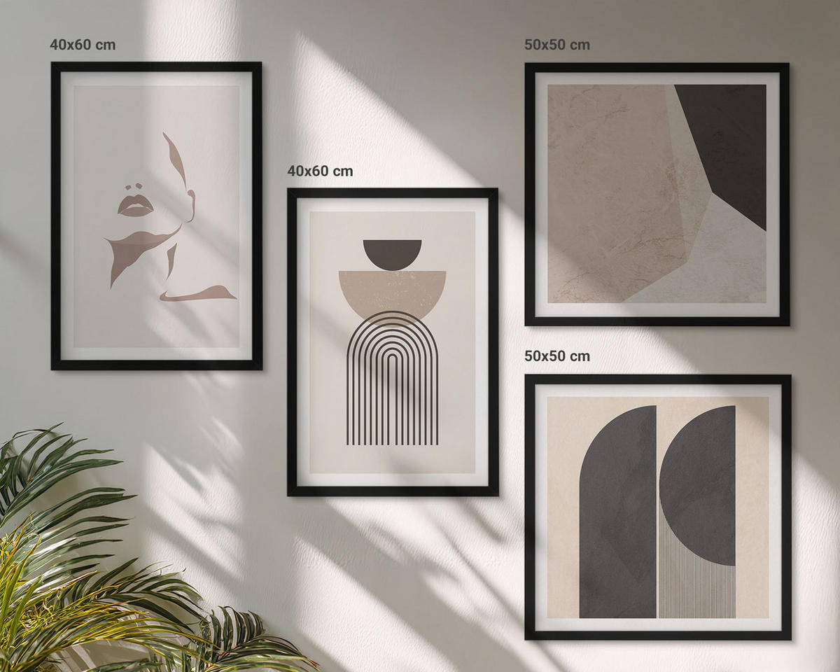 BILDER SET 4er Set - 50x50 cm & 40x60 cm Schwarzer Rahmen - Abstrakte weiß-braune Muster - Schwarz, Kunststoff (50/50cm) - TULUP