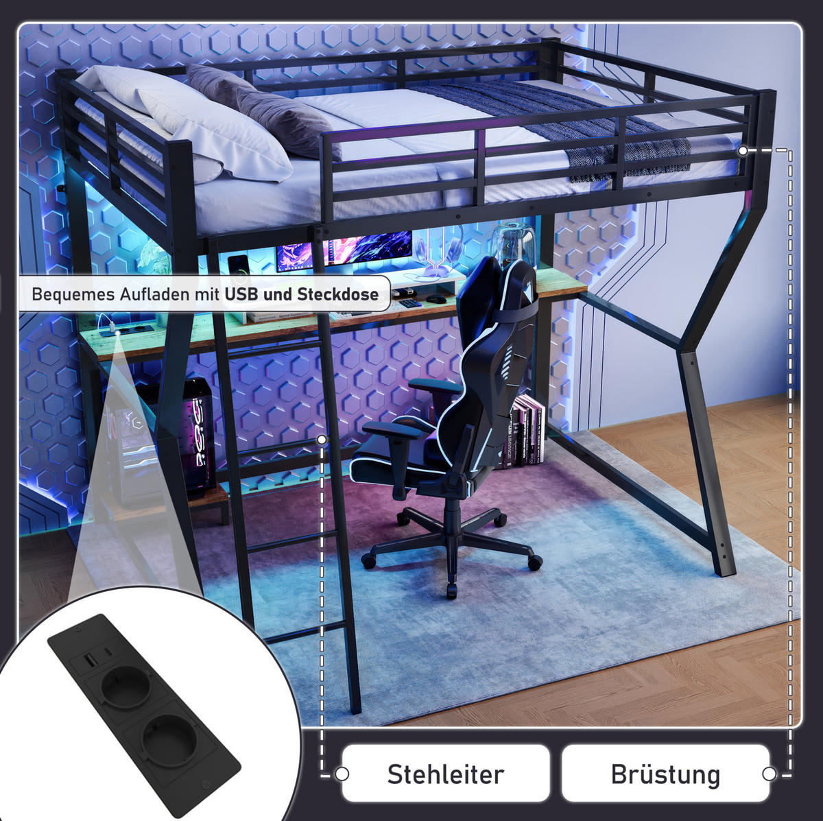 VYSOKÁ postel 204,8/125,5/177,5 cm černá s LED osvětlením a psacím stolem z kovu a MDF - černá, kov (90/200cm) - OKWISH
