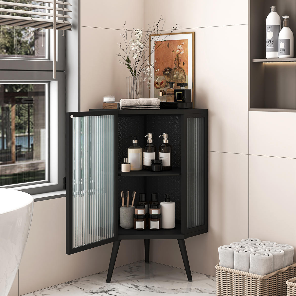 ECKSCHRANK 56/42,5/80 cm, Schwarz, mit Glastüren und Ablageböden - Schwarz, Glas/Holzwerkstoff (56/80/42.5cm) - CHICFURN
