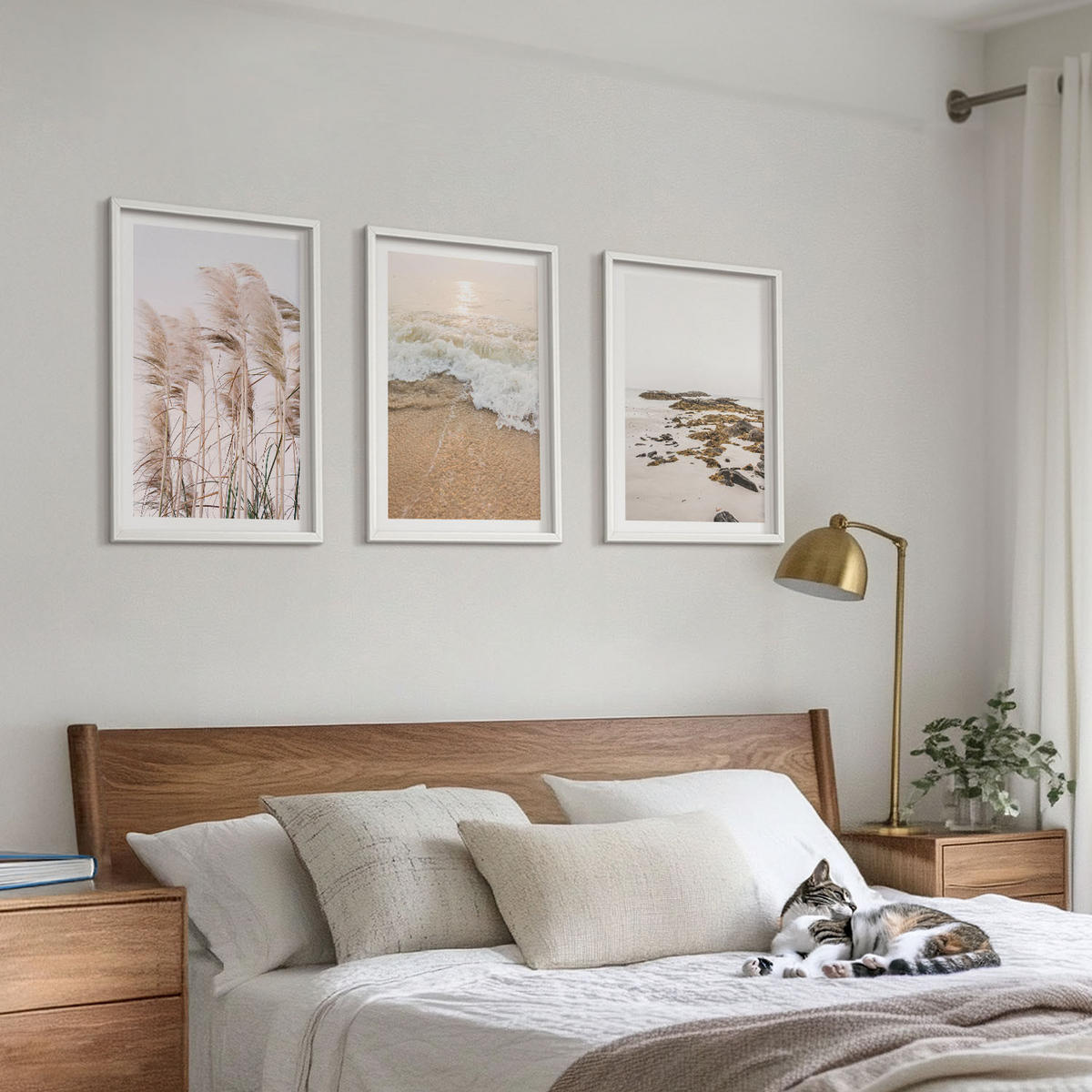 WANDBILDER 3er-Set - 40x60 cm Weißer Rahmen - Strandgras, Wellen, Steine, Boho-Stil - Weiß, Kunststoff (40/60cm) - ArtPrintCave